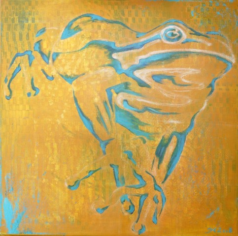 Acrylbild eine stilisierten blauen Frosches vor gelbem Hintergrund